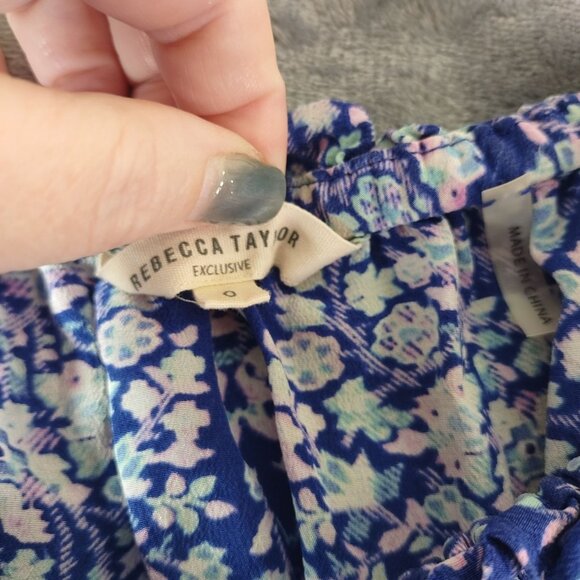 Rebecca Taylor Women 100%Silk Floral Ruffle Hem Top XS Blue Romantic Boho Spring - Picture 2 of 10